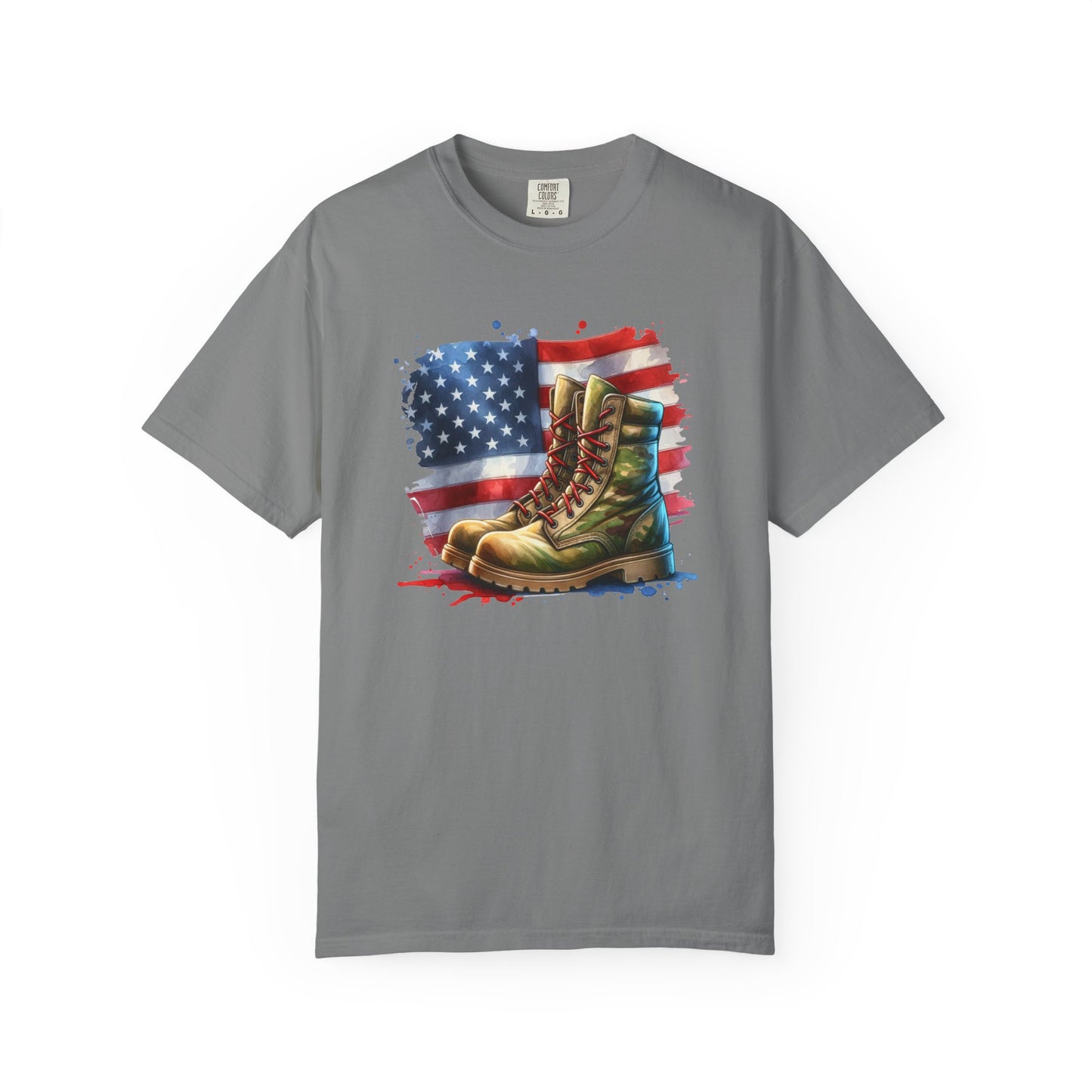 Patriotic Boot Print T-Shirt | Unisex Garment-Dyed Tee for Veterans, Casual Wear, Memorial Day, Independence Day, Gift for Outdoorsmen