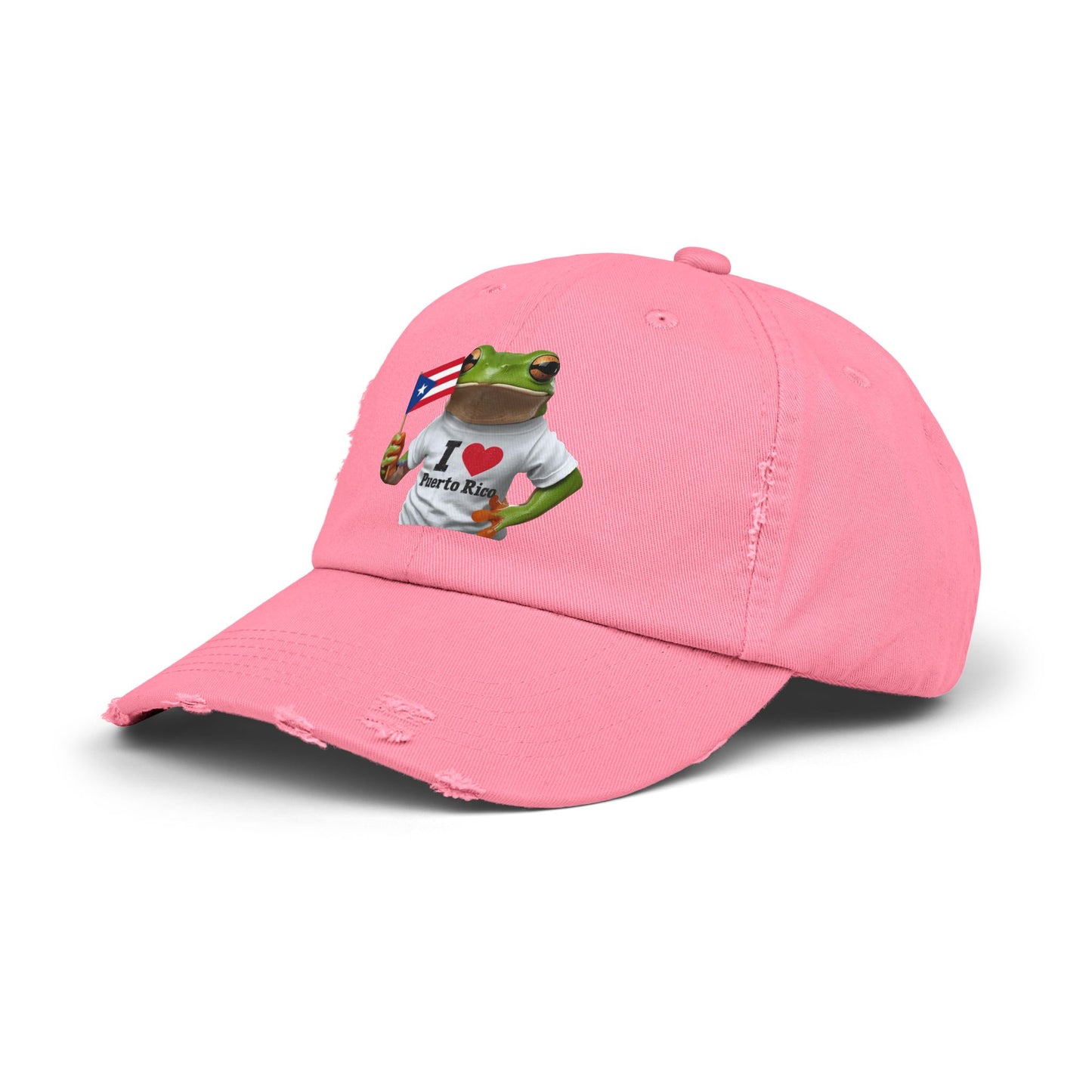 Puerto Rico Love Distressed Cap | Fun Frog Design | Unisex Adjustable Hat | Great for Summer, Festivals, Vacations, Gift Ideas