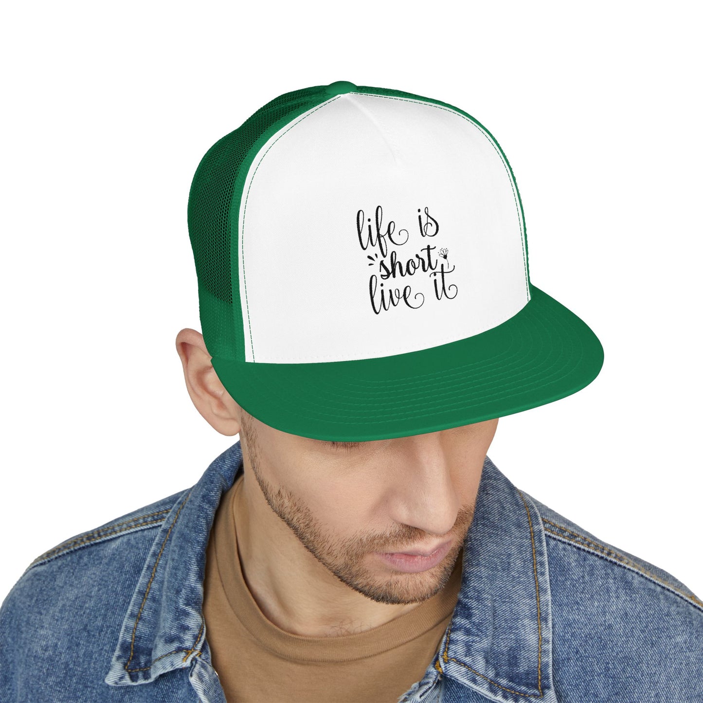 Inspirational 5 Panel Trucker Cap, Life is Short Live It Hat, Outdoor Cap, Adjustable Snapback, Gift for Friends, Summer Accessory