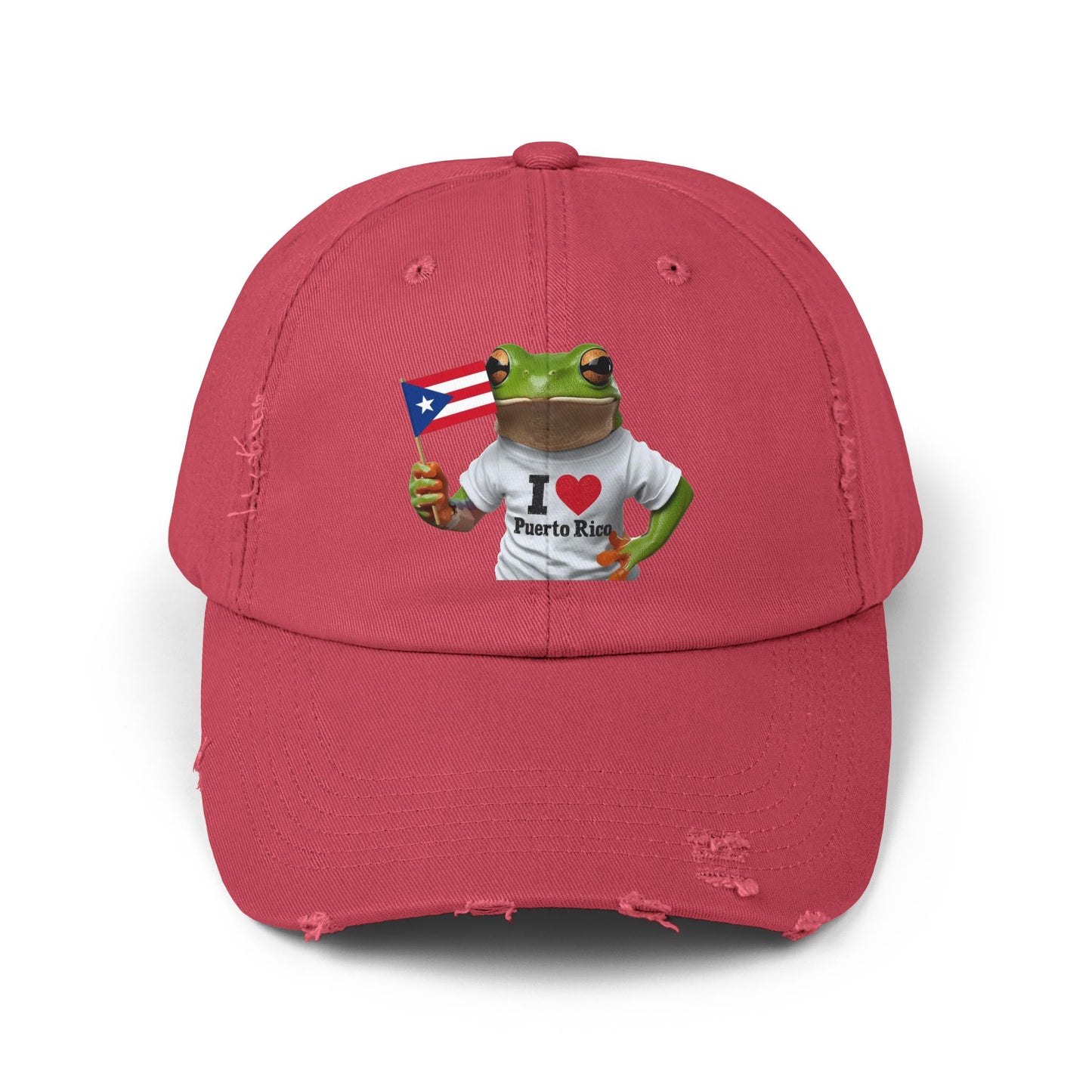 Puerto Rico Love Distressed Cap | Fun Frog Design | Unisex Adjustable Hat | Great for Summer, Festivals, Vacations, Gift Ideas