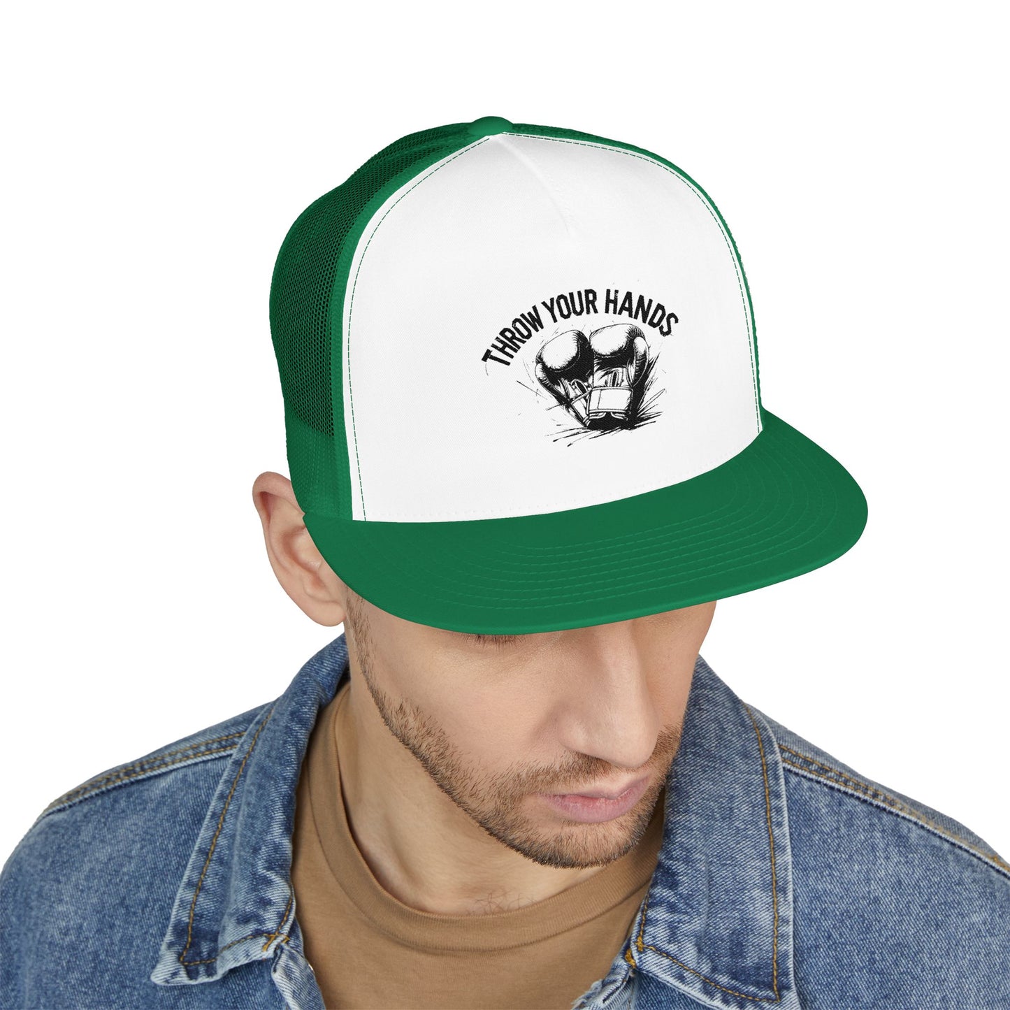 Trendy 5 Panel Trucker Cap - 'Throw Your Hands' Design, Perfect for Festivals, Casual Outings, Unisex Gift, Summer Style