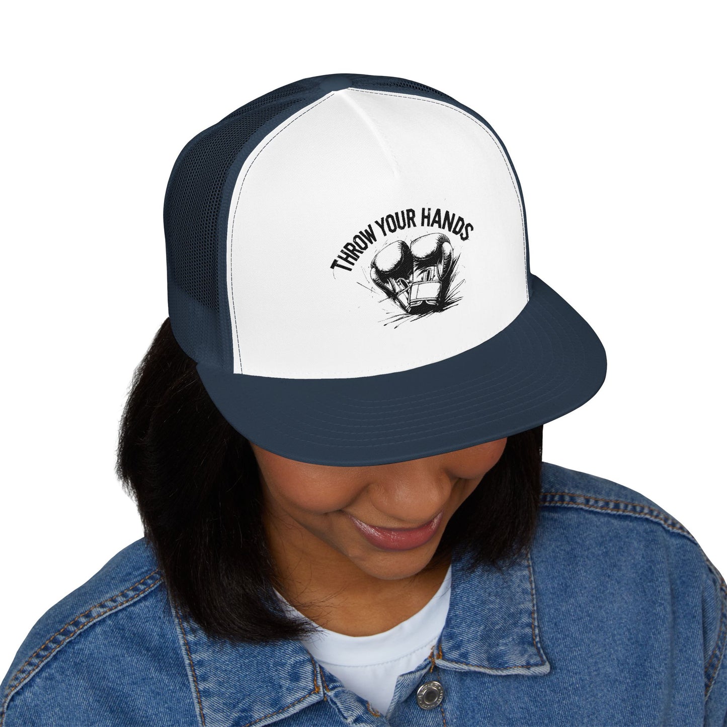 Trendy 5 Panel Trucker Cap - 'Throw Your Hands' Design, Perfect for Festivals, Casual Outings, Unisex Gift, Summer Style