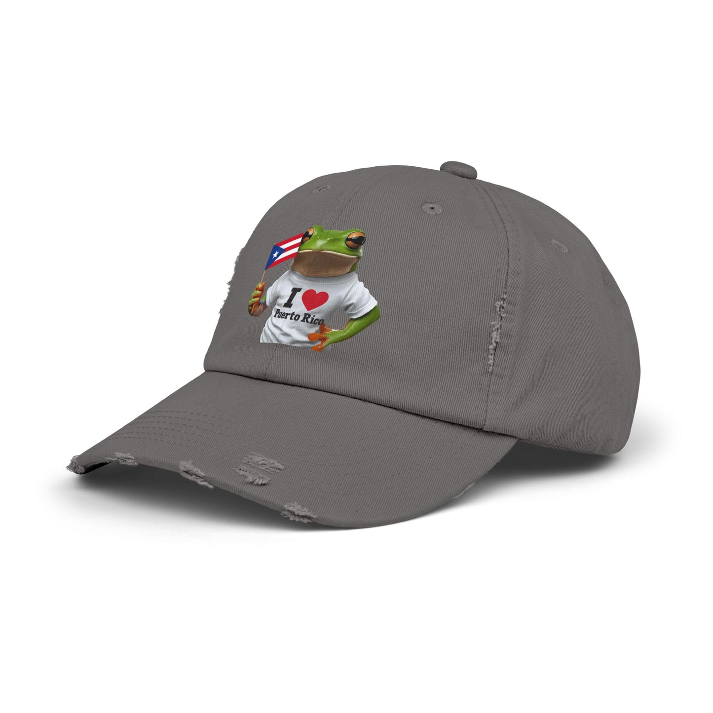 Puerto Rico Love Distressed Cap | Fun Frog Design | Unisex Adjustable Hat | Great for Summer, Festivals, Vacations, Gift Ideas