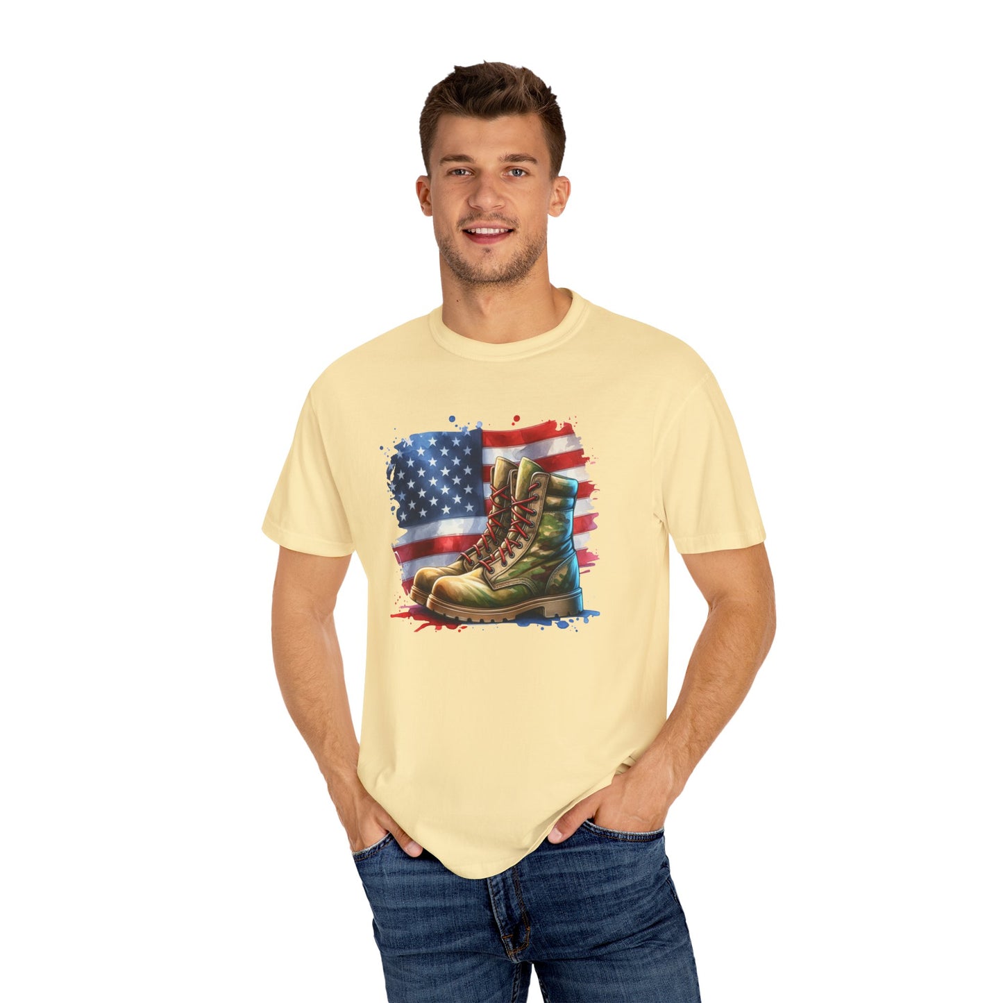 Patriotic Boot Print T-Shirt | Unisex Garment-Dyed Tee for Veterans, Casual Wear, Memorial Day, Independence Day, Gift for Outdoorsmen