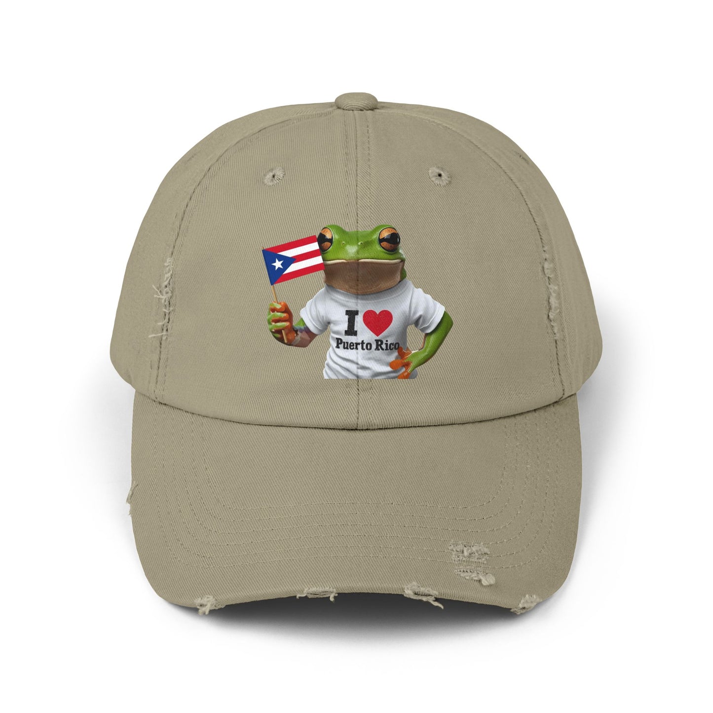Puerto Rico Love Distressed Cap | Fun Frog Design | Unisex Adjustable Hat | Great for Summer, Festivals, Vacations, Gift Ideas