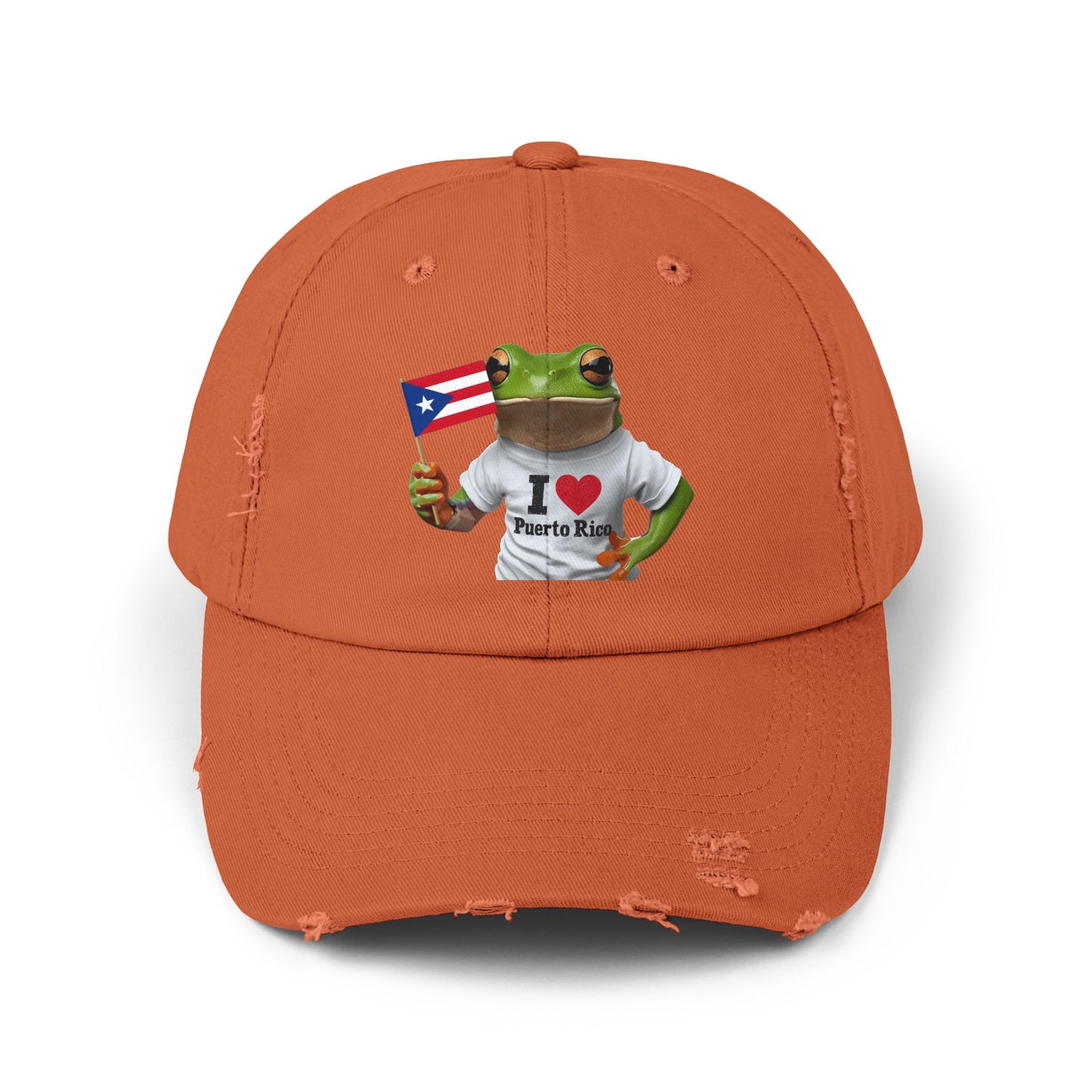 Puerto Rico Love Distressed Cap | Fun Frog Design | Unisex Adjustable Hat | Great for Summer, Festivals, Vacations, Gift Ideas