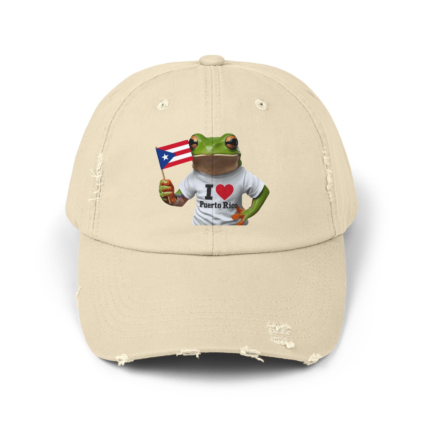 Puerto Rico Love Distressed Cap | Fun Frog Design | Unisex Adjustable Hat | Great for Summer, Festivals, Vacations, Gift Ideas