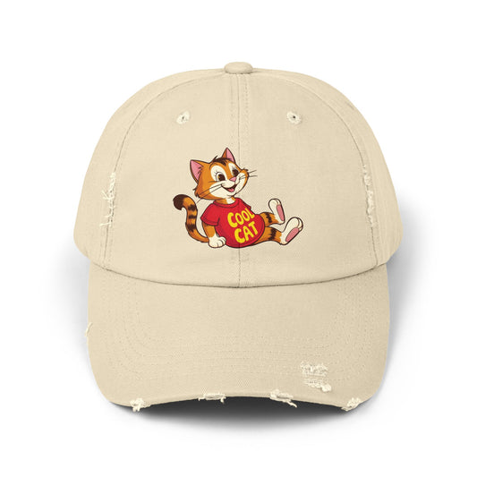 Cool Cat Distressed Cap, Unisex Trendy Hat, Fun Cat Lover Gift, Comfortable Casual Wear, Cat-Themed Accessories