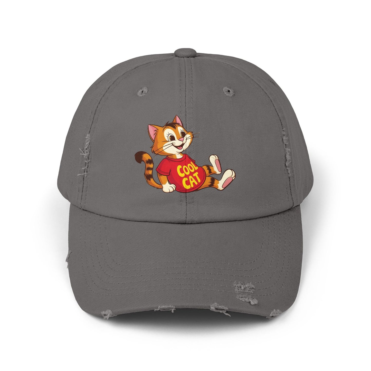 Cool Cat Distressed Cap, Unisex Trendy Hat, Fun Cat Lover Gift, Comfortable Casual Wear, Cat-Themed Accessories