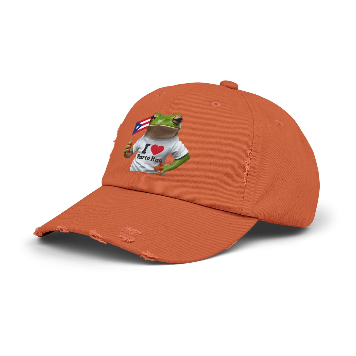 Puerto Rico Love Distressed Cap | Fun Frog Design | Unisex Adjustable Hat | Great for Summer, Festivals, Vacations, Gift Ideas