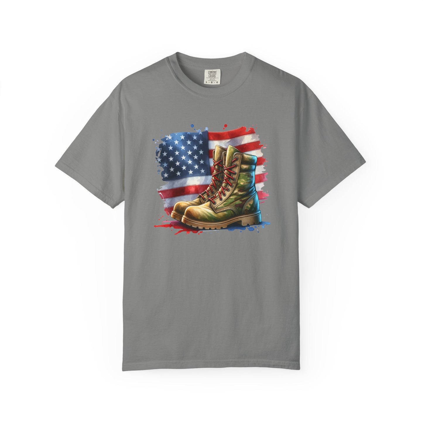 Patriotic Boot Print T-Shirt | Unisex Garment-Dyed Tee for Veterans, Casual Wear, Memorial Day, Independence Day, Gift for Outdoorsmen