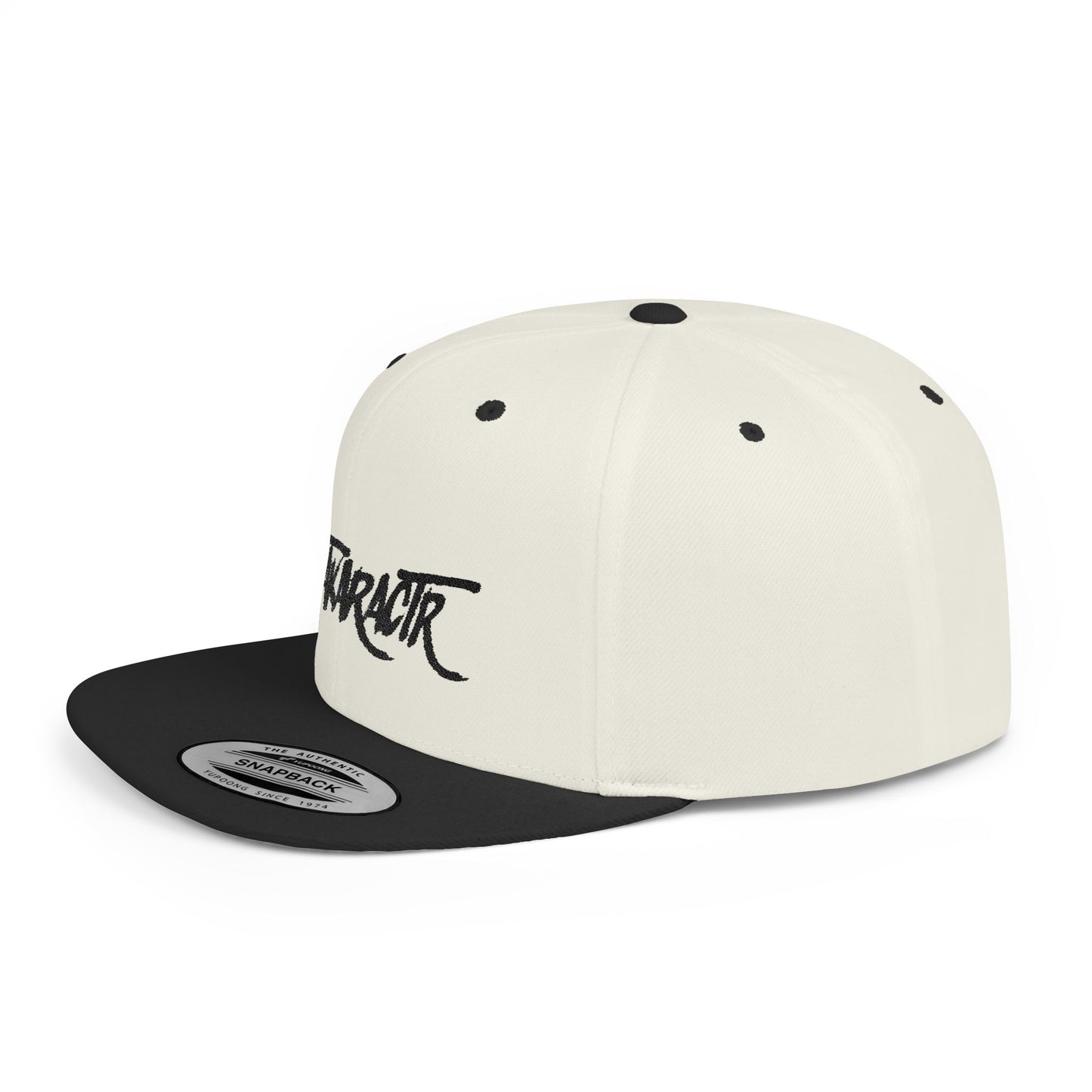 Embroidery "OuTaKaRaCtR " Stylish Outta Character Flat Bill Snapback Cap - Trendy White Hat for Fashion Lovers