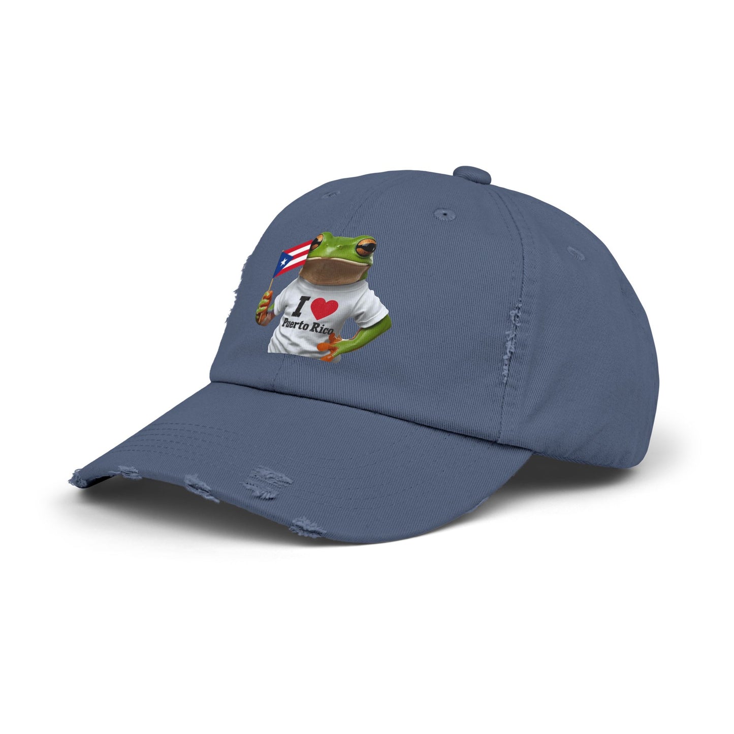Puerto Rico Love Distressed Cap | Fun Frog Design | Unisex Adjustable Hat | Great for Summer, Festivals, Vacations, Gift Ideas