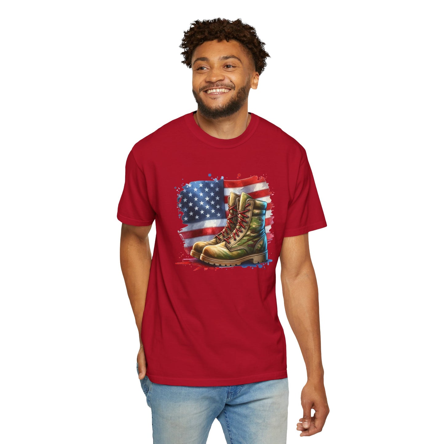Patriotic Boot Print T-Shirt | Unisex Garment-Dyed Tee for Veterans, Casual Wear, Memorial Day, Independence Day, Gift for Outdoorsmen