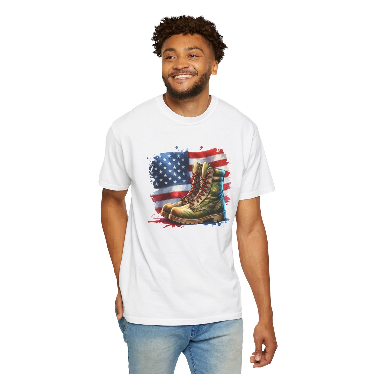 Patriotic Boot Print T-Shirt | Unisex Garment-Dyed Tee for Veterans, Casual Wear, Memorial Day, Independence Day, Gift for Outdoorsmen