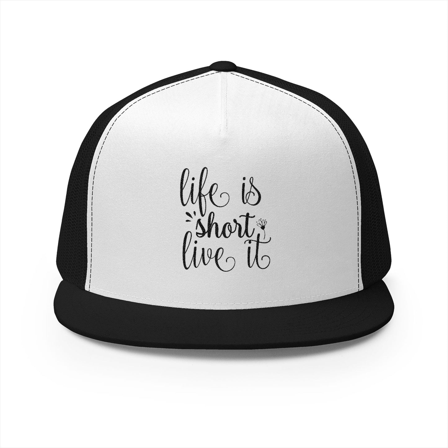 Inspirational 5 Panel Trucker Cap, Life is Short Live It Hat, Outdoor Cap, Adjustable Snapback, Gift for Friends, Summer Accessory