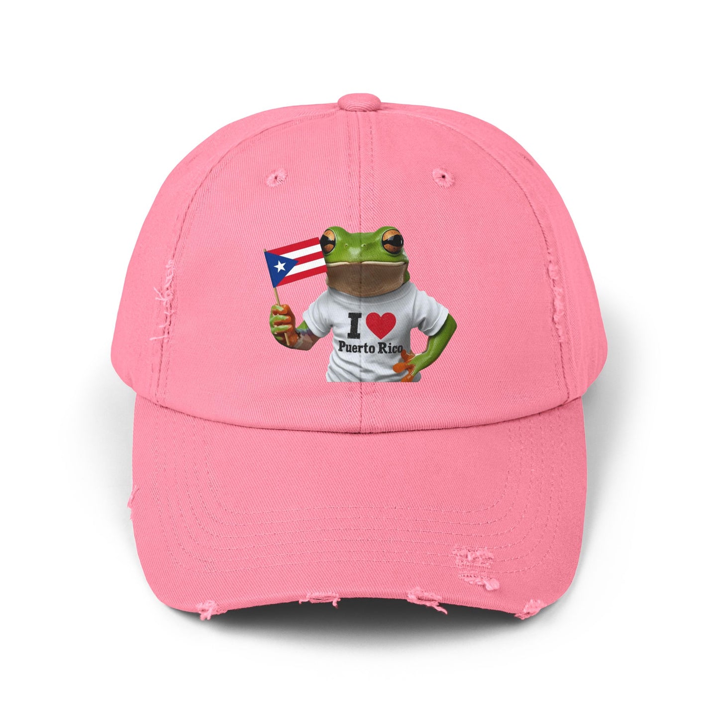 Puerto Rico Love Distressed Cap | Fun Frog Design | Unisex Adjustable Hat | Great for Summer, Festivals, Vacations, Gift Ideas