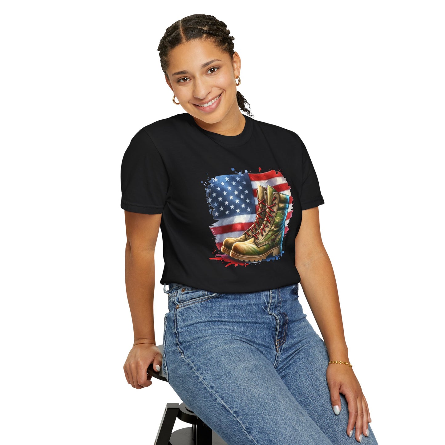 Patriotic Boot Print T-Shirt | Unisex Garment-Dyed Tee for Veterans, Casual Wear, Memorial Day, Independence Day, Gift for Outdoorsmen