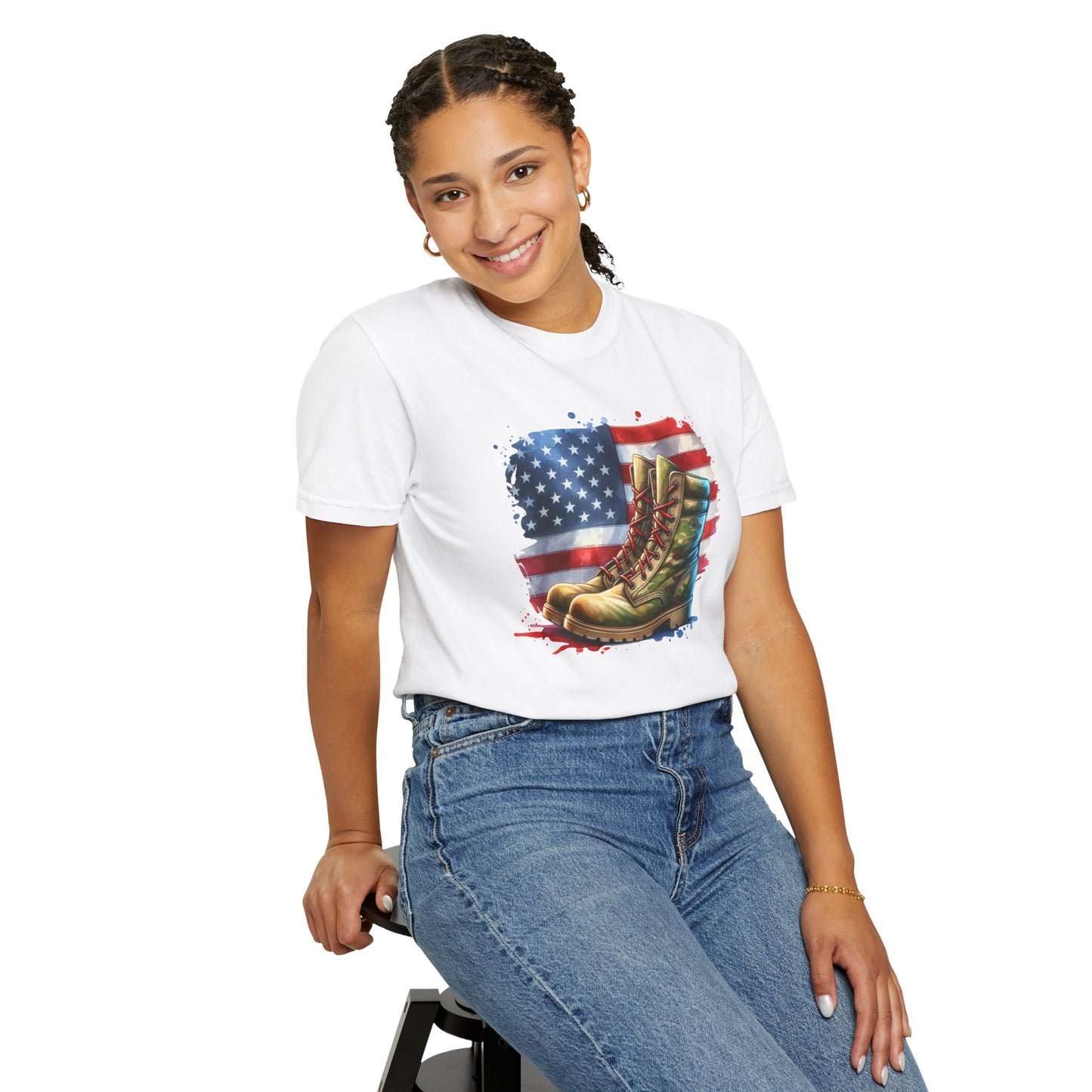 Patriotic Boot Print T-Shirt | Unisex Garment-Dyed Tee for Veterans, Casual Wear, Memorial Day, Independence Day, Gift for Outdoorsmen