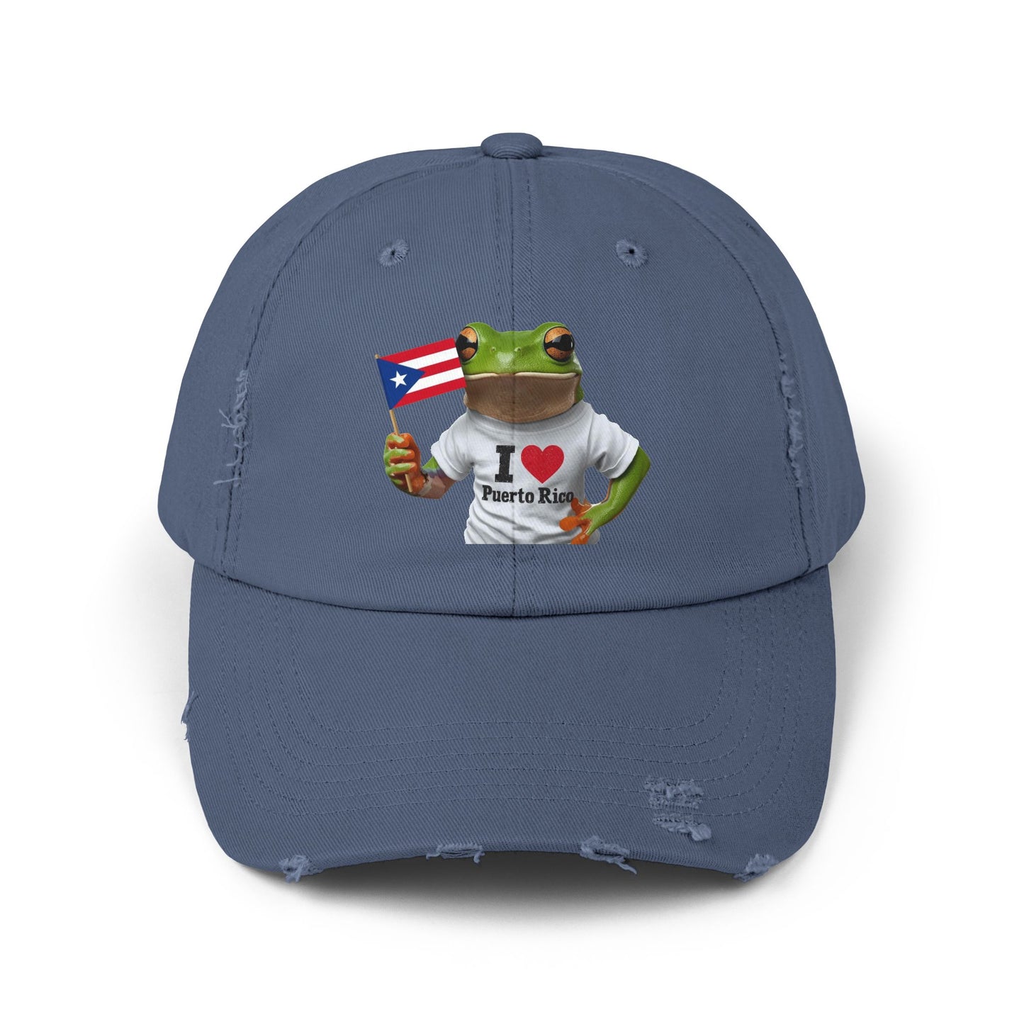 Puerto Rico Love Distressed Cap | Fun Frog Design | Unisex Adjustable Hat | Great for Summer, Festivals, Vacations, Gift Ideas