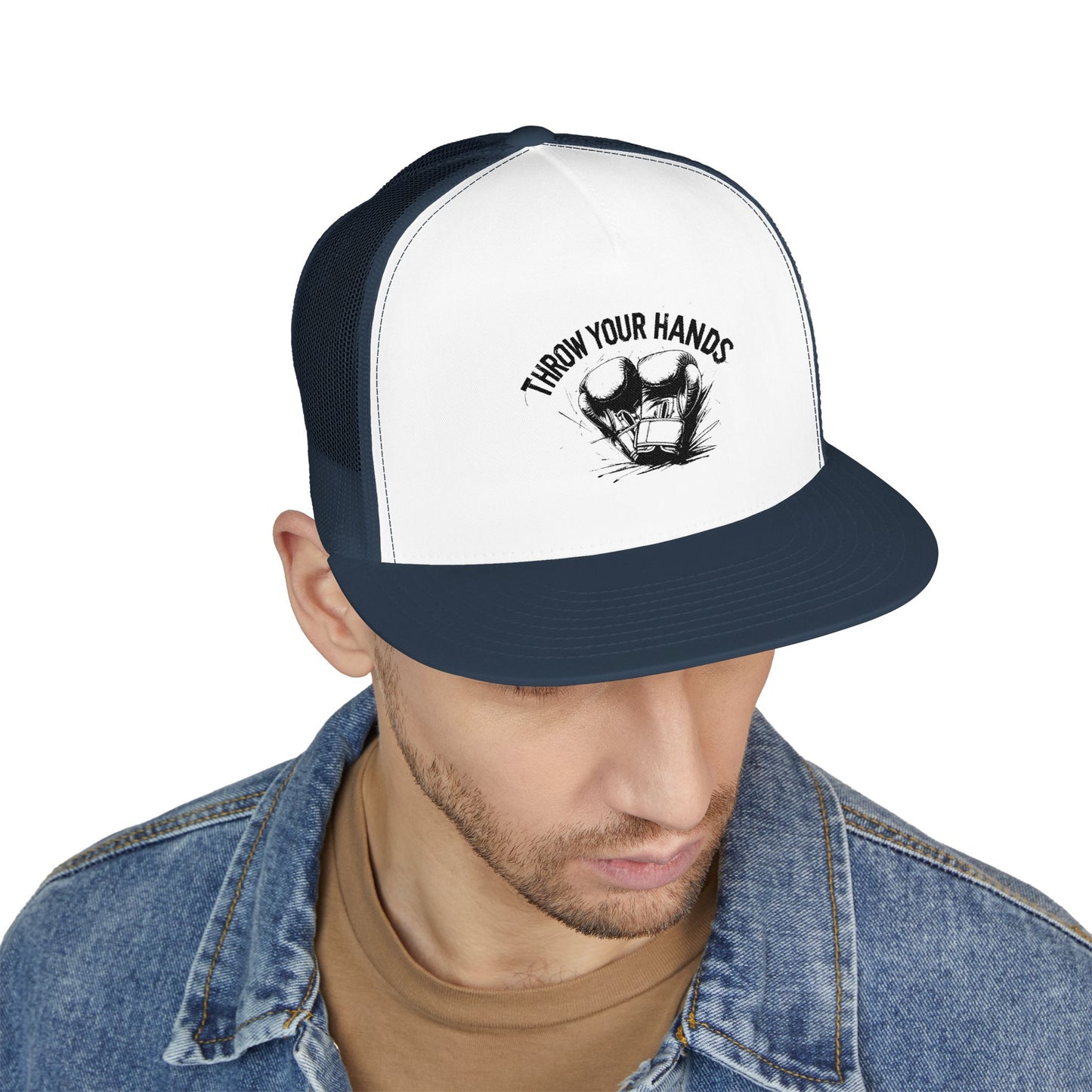Trendy 5 Panel Trucker Cap - 'Throw Your Hands' Design, Perfect for Festivals, Casual Outings, Unisex Gift, Summer Style