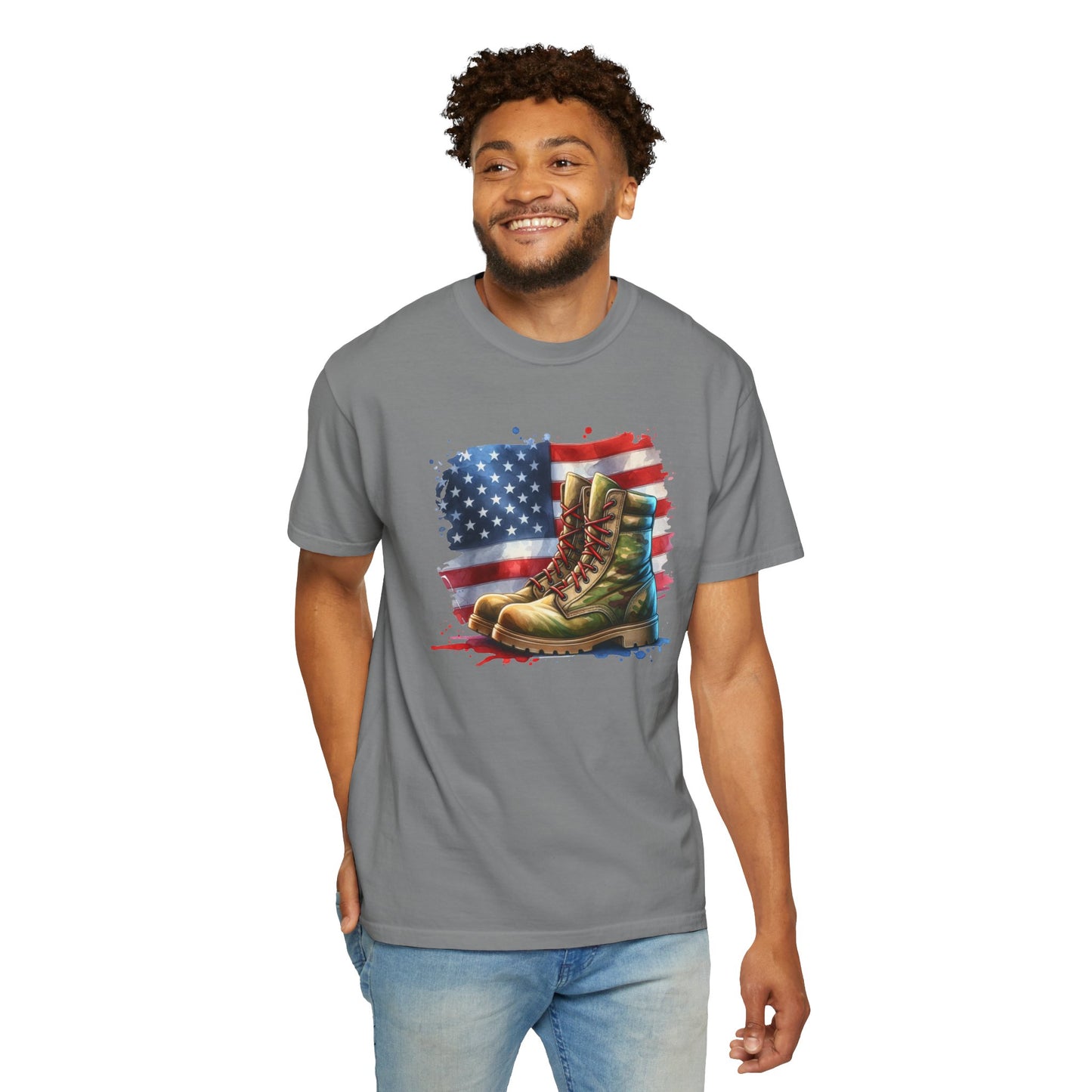 Patriotic Boot Print T-Shirt | Unisex Garment-Dyed Tee for Veterans, Casual Wear, Memorial Day, Independence Day, Gift for Outdoorsmen