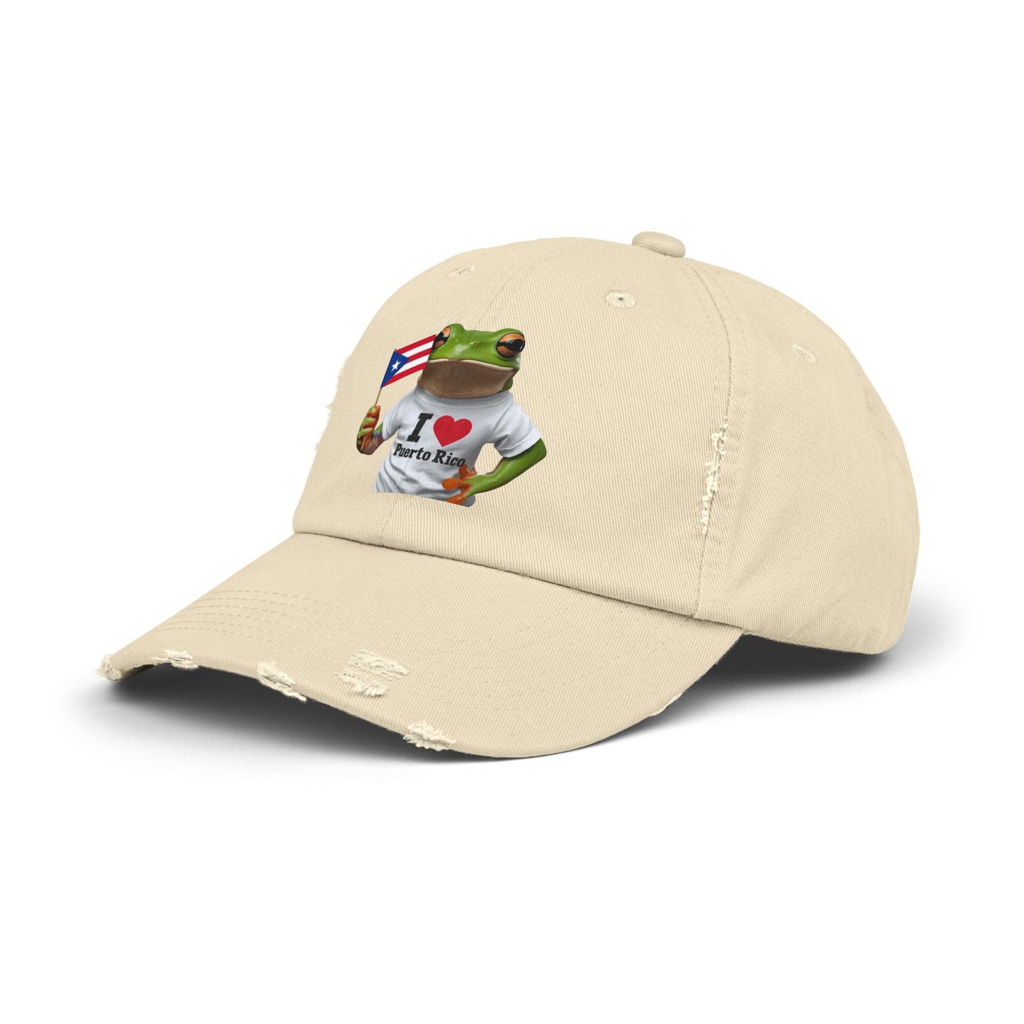 Puerto Rico Love Distressed Cap | Fun Frog Design | Unisex Adjustable Hat | Great for Summer, Festivals, Vacations, Gift Ideas
