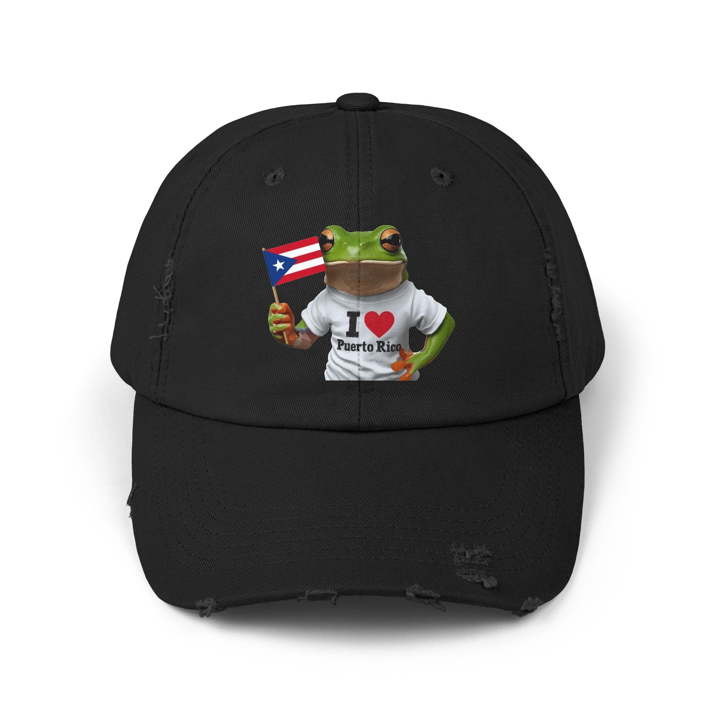Puerto Rico Love Distressed Cap | Fun Frog Design | Unisex Adjustable Hat | Great for Summer, Festivals, Vacations, Gift Ideas