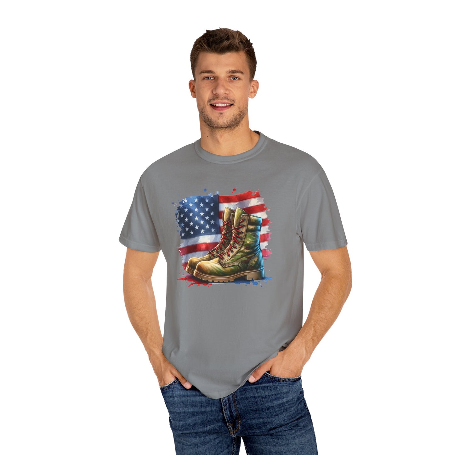 Patriotic Boot Print T-Shirt | Unisex Garment-Dyed Tee for Veterans, Casual Wear, Memorial Day, Independence Day, Gift for Outdoorsmen