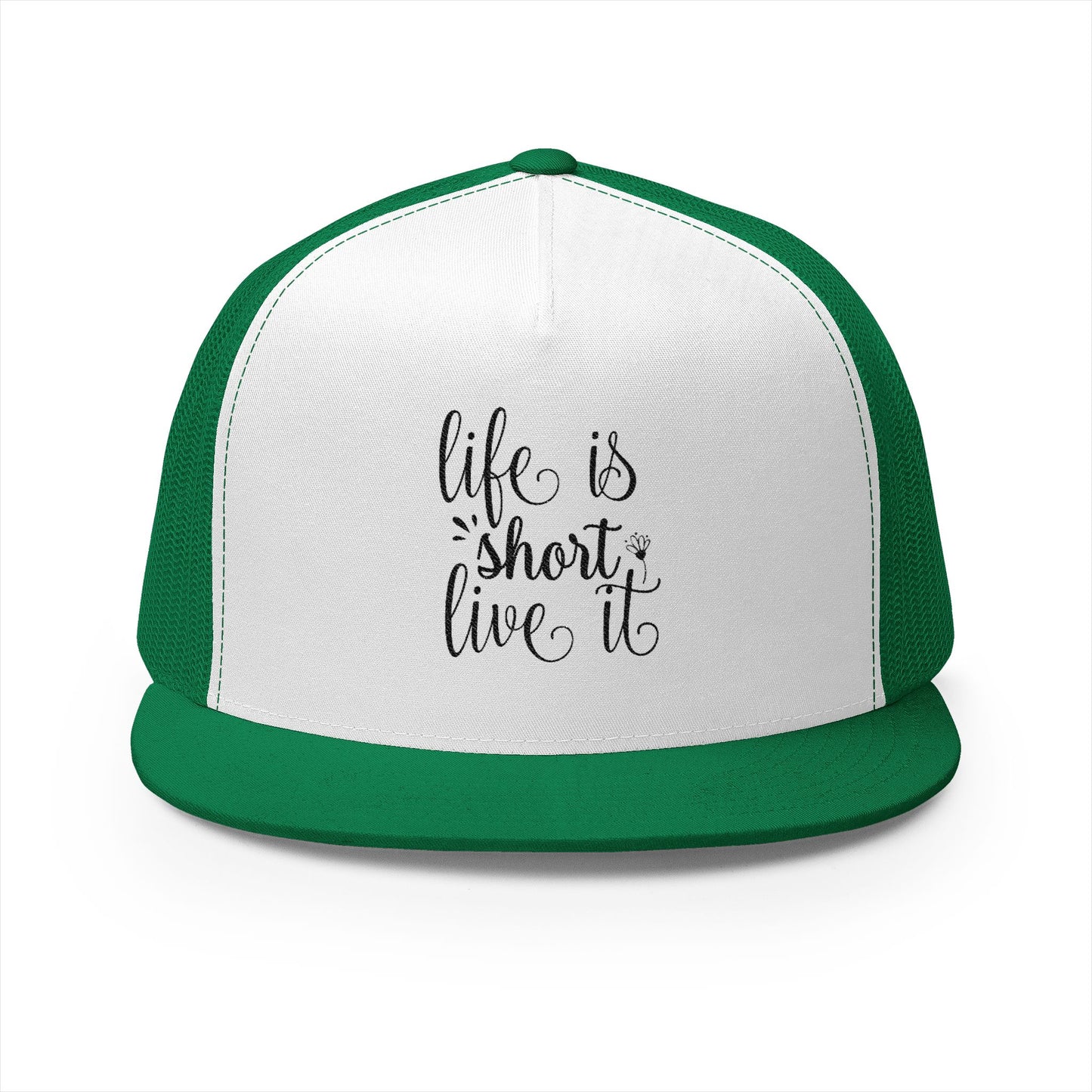 Inspirational 5 Panel Trucker Cap, Life is Short Live It Hat, Outdoor Cap, Adjustable Snapback, Gift for Friends, Summer Accessory