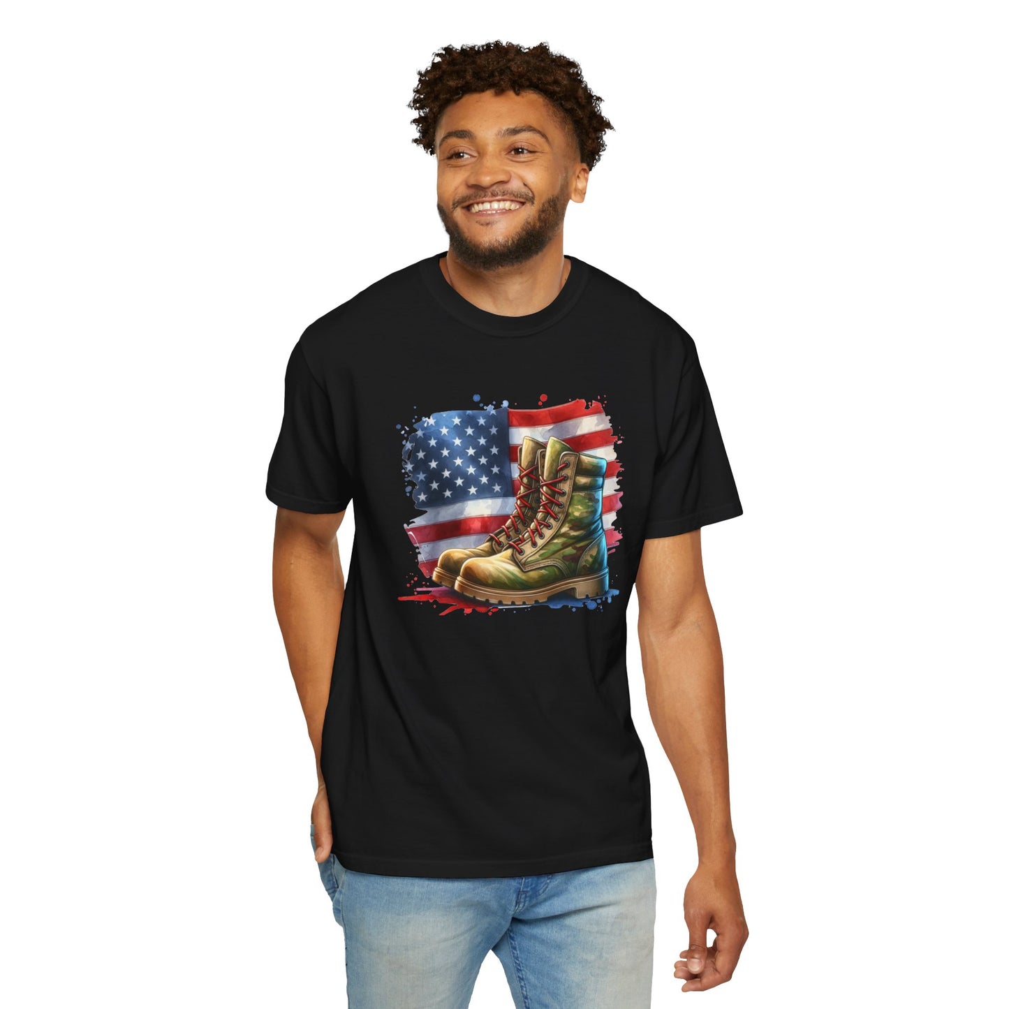 Patriotic Boot Print T-Shirt | Unisex Garment-Dyed Tee for Veterans, Casual Wear, Memorial Day, Independence Day, Gift for Outdoorsmen