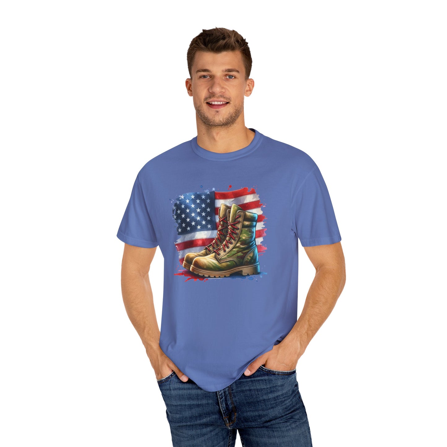 Patriotic Boot Print T-Shirt | Unisex Garment-Dyed Tee for Veterans, Casual Wear, Memorial Day, Independence Day, Gift for Outdoorsmen