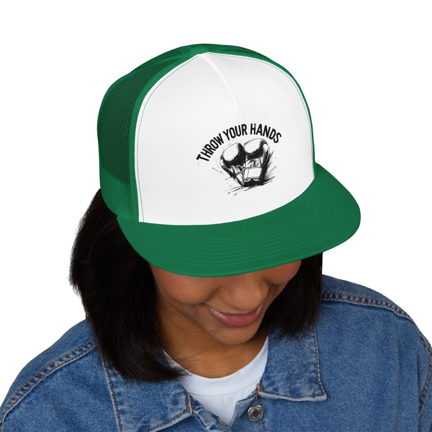 Trendy 5 Panel Trucker Cap - 'Throw Your Hands' Design, Perfect for Festivals, Casual Outings, Unisex Gift, Summer Style