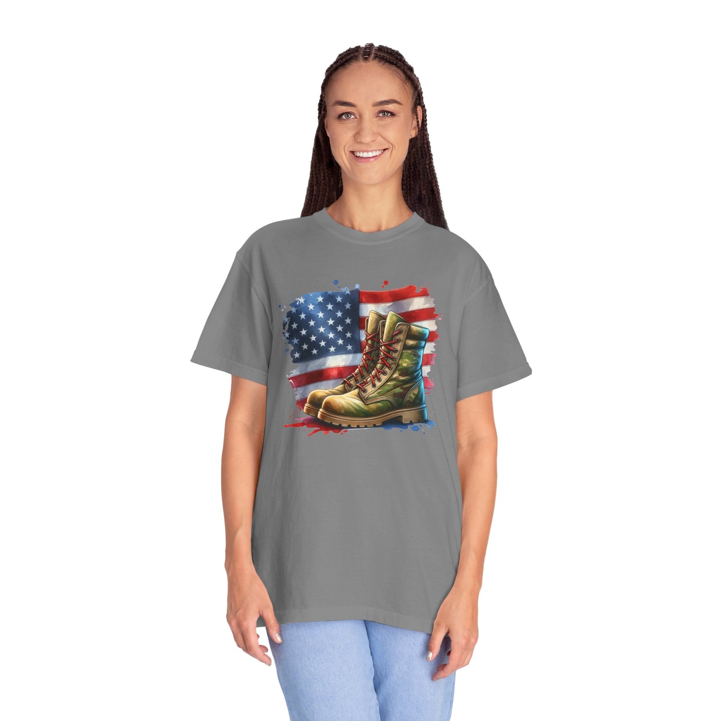 Patriotic Boot Print T-Shirt | Unisex Garment-Dyed Tee for Veterans, Casual Wear, Memorial Day, Independence Day, Gift for Outdoorsmen
