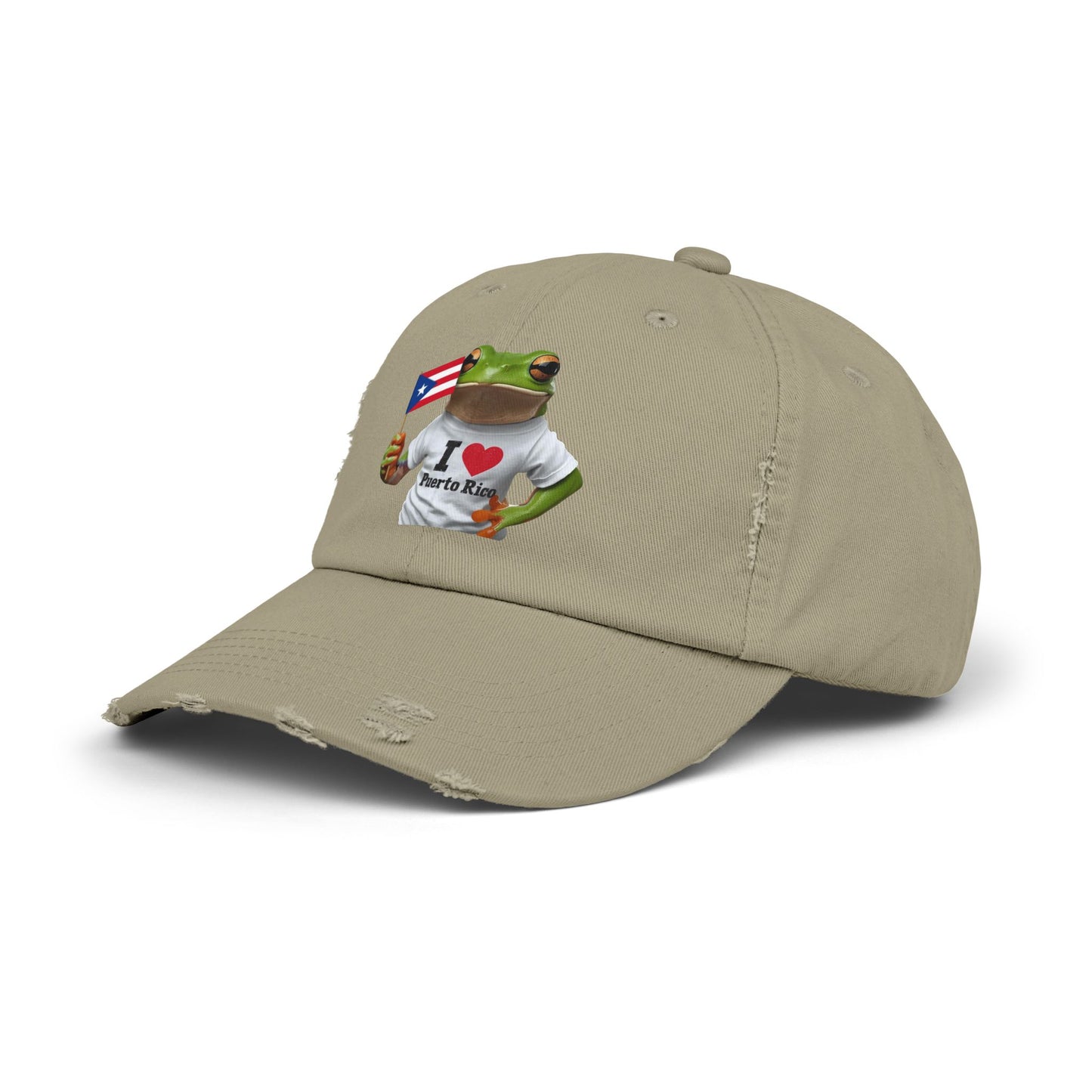 Puerto Rico Love Distressed Cap | Fun Frog Design | Unisex Adjustable Hat | Great for Summer, Festivals, Vacations, Gift Ideas
