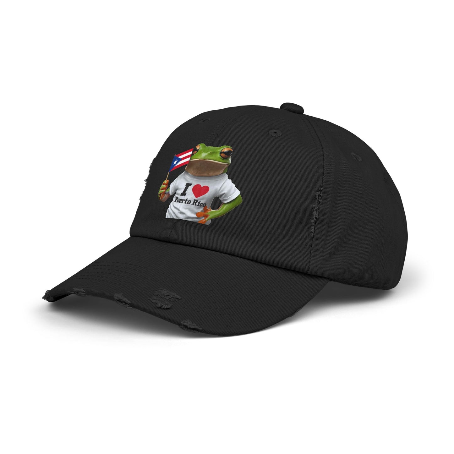 Puerto Rico Love Distressed Cap | Fun Frog Design | Unisex Adjustable Hat | Great for Summer, Festivals, Vacations, Gift Ideas