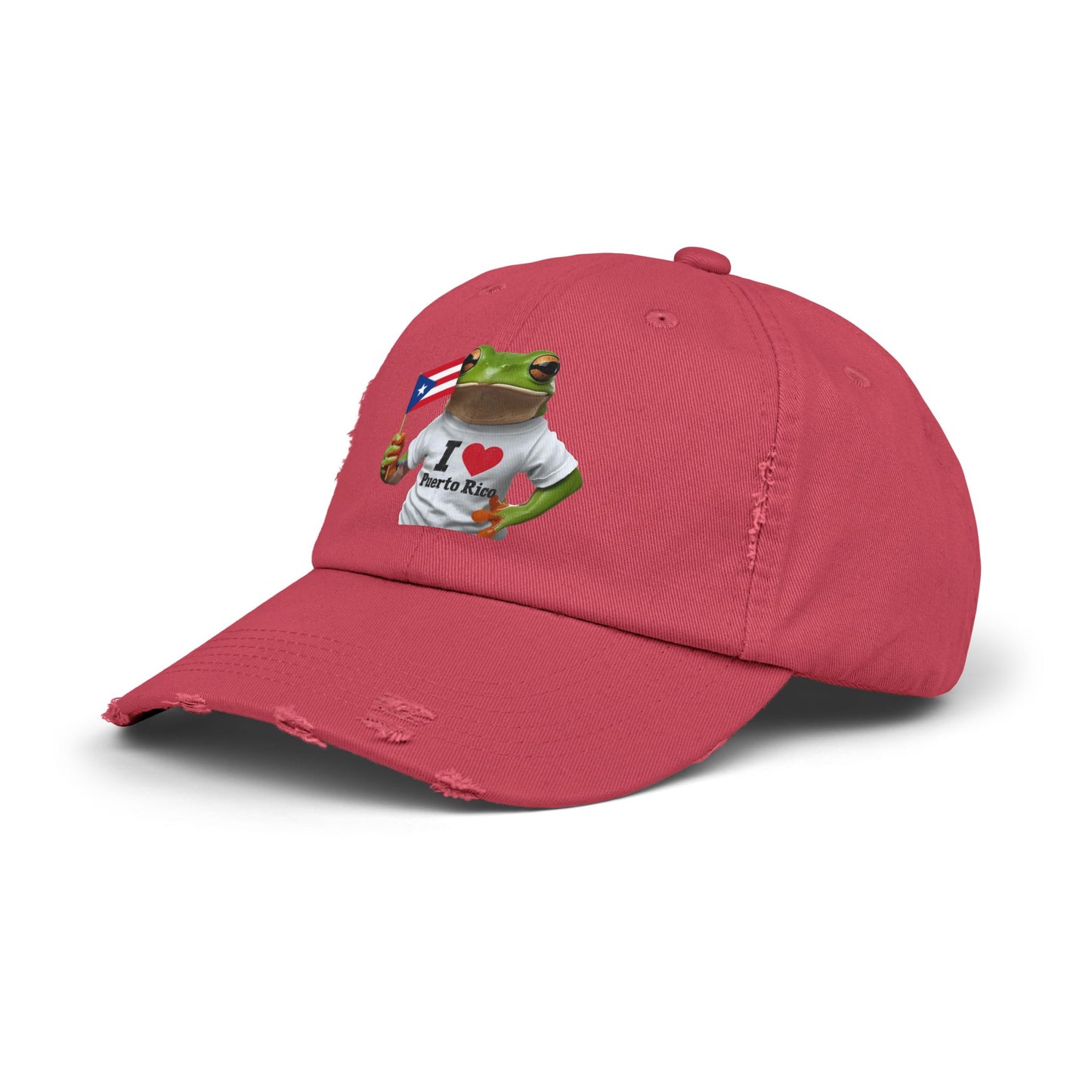 Puerto Rico Love Distressed Cap | Fun Frog Design | Unisex Adjustable Hat | Great for Summer, Festivals, Vacations, Gift Ideas