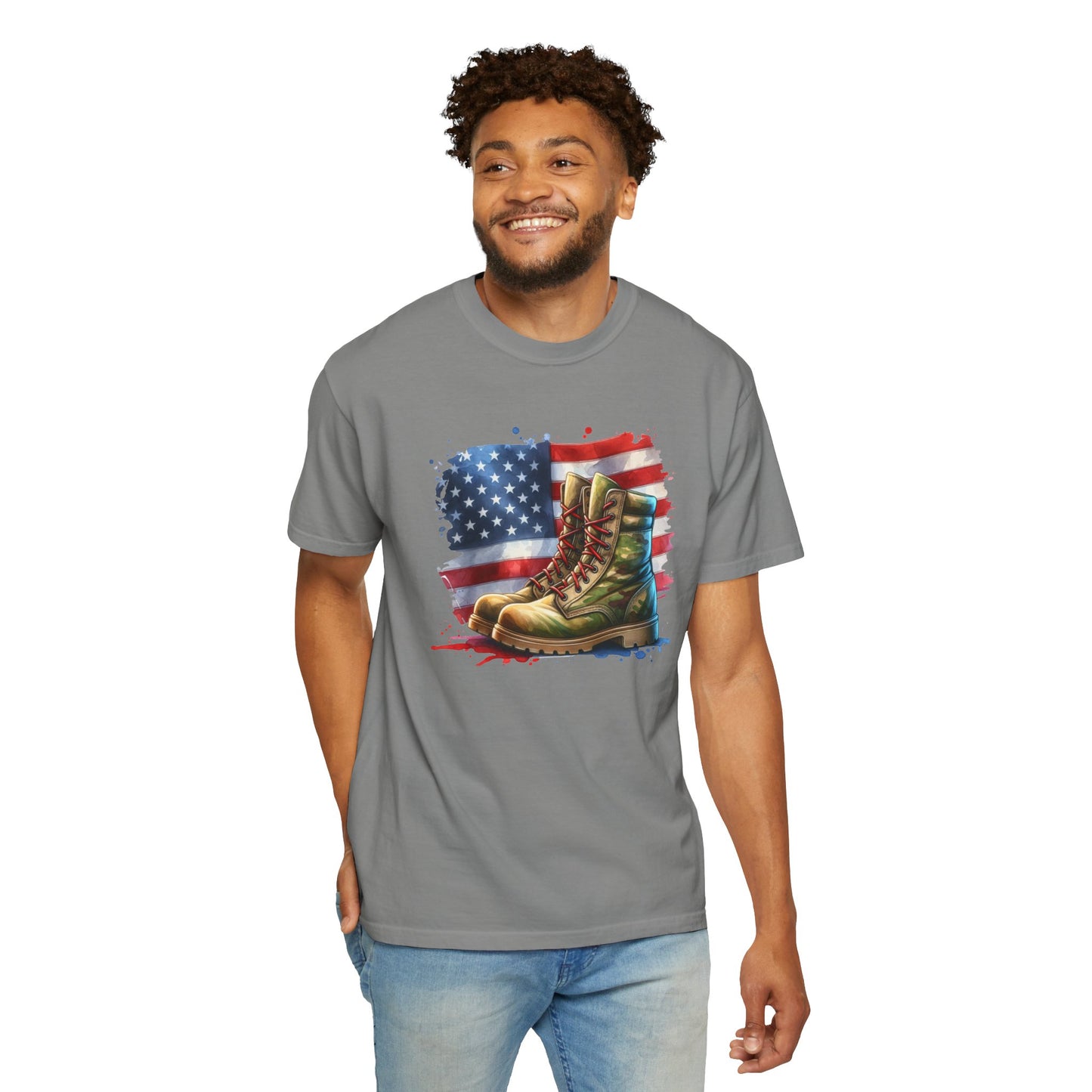 Patriotic Boot Print T-Shirt | Unisex Garment-Dyed Tee for Veterans, Casual Wear, Memorial Day, Independence Day, Gift for Outdoorsmen
