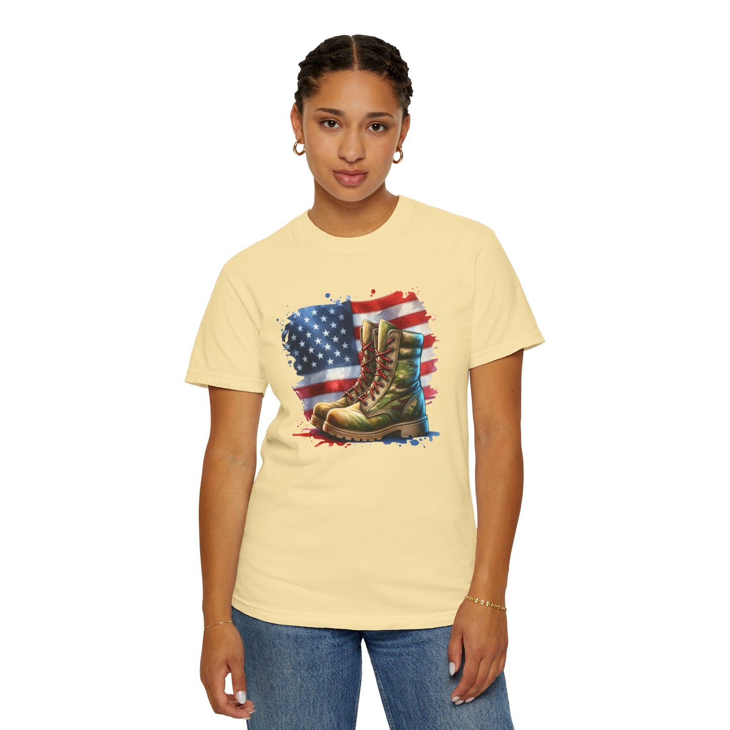 Patriotic Boot Print T-Shirt | Unisex Garment-Dyed Tee for Veterans, Casual Wear, Memorial Day, Independence Day, Gift for Outdoorsmen
