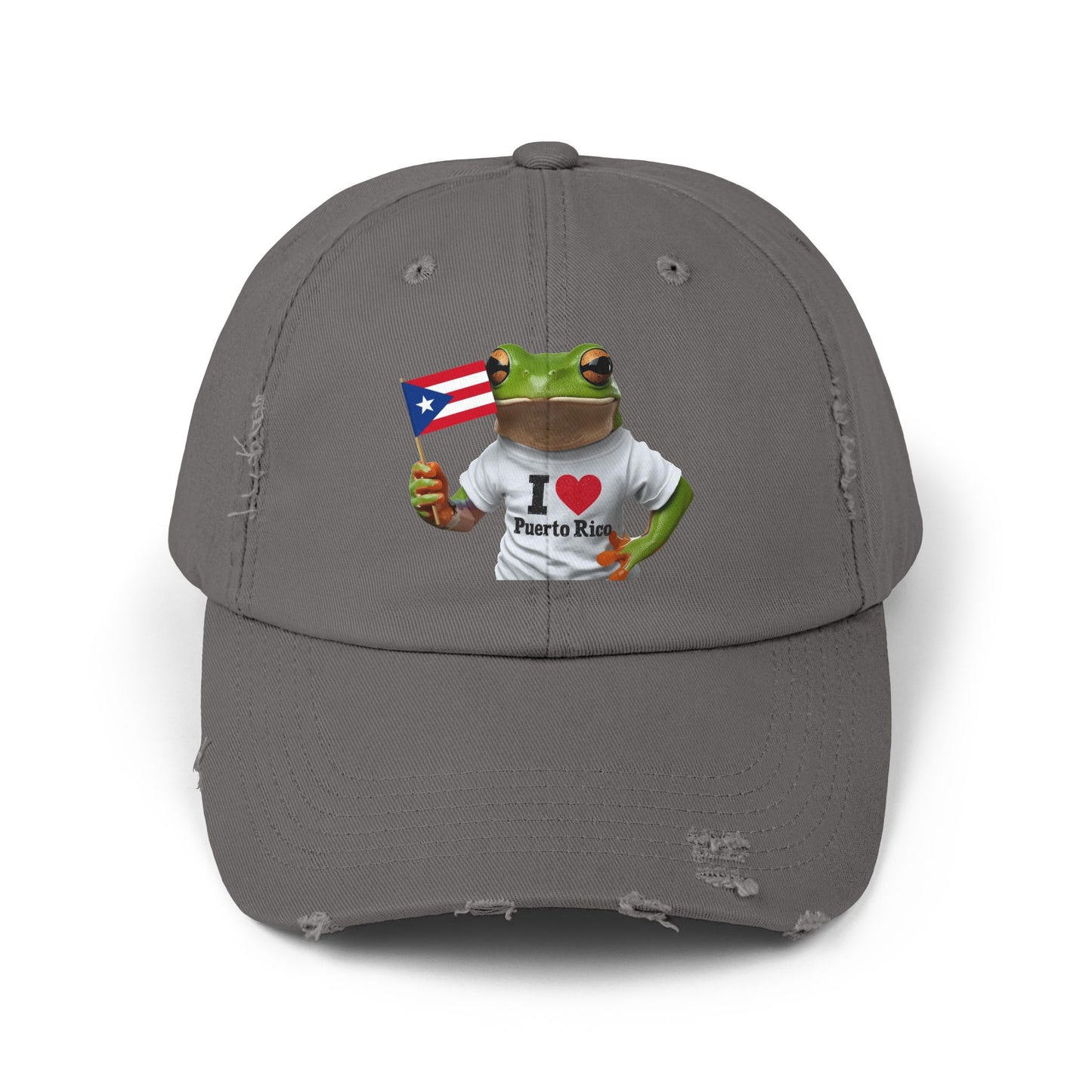 Puerto Rico Love Distressed Cap | Fun Frog Design | Unisex Adjustable Hat | Great for Summer, Festivals, Vacations, Gift Ideas