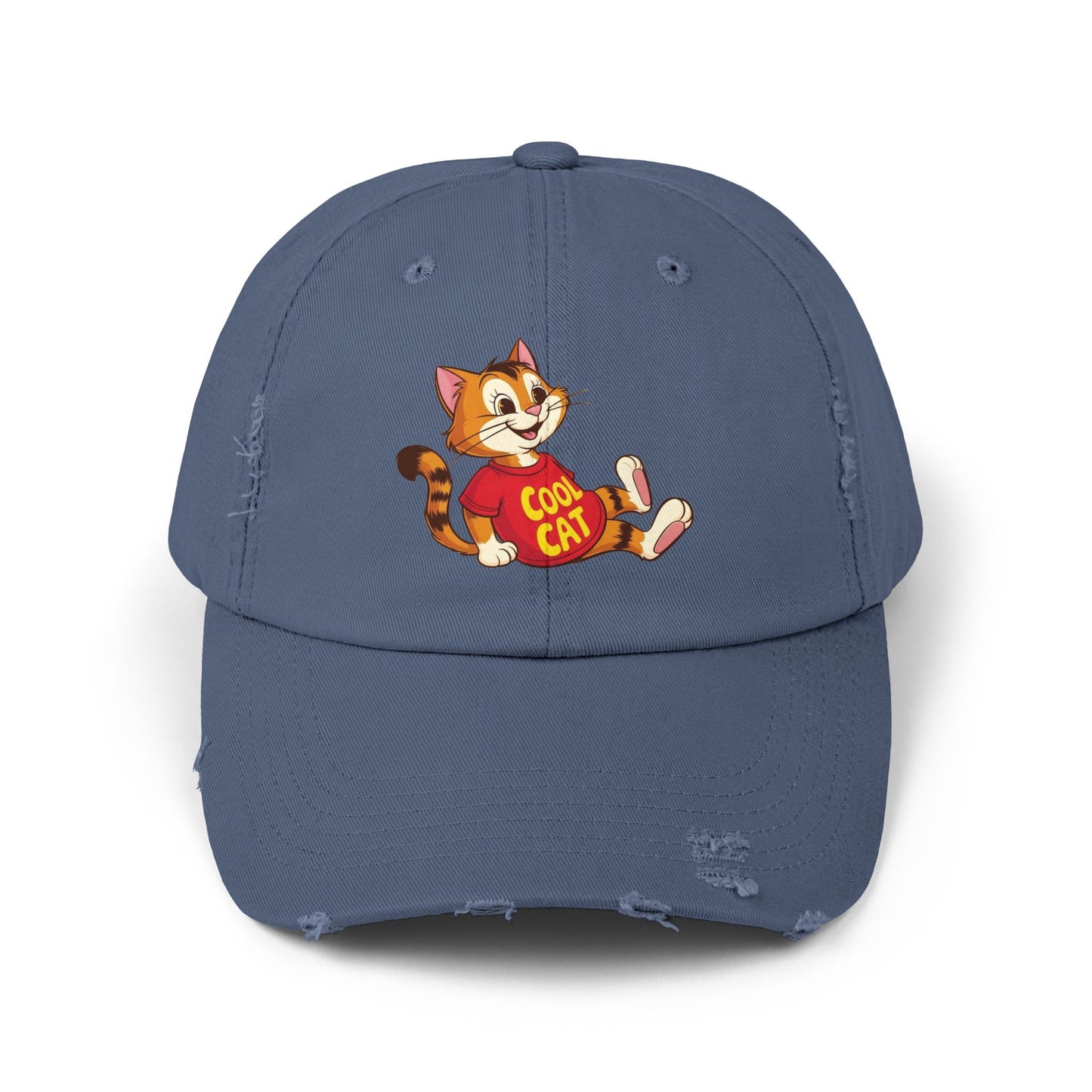 Cool Cat Distressed Cap, Unisex Trendy Hat, Fun Cat Lover Gift, Comfortable Casual Wear, Cat-Themed Accessories
