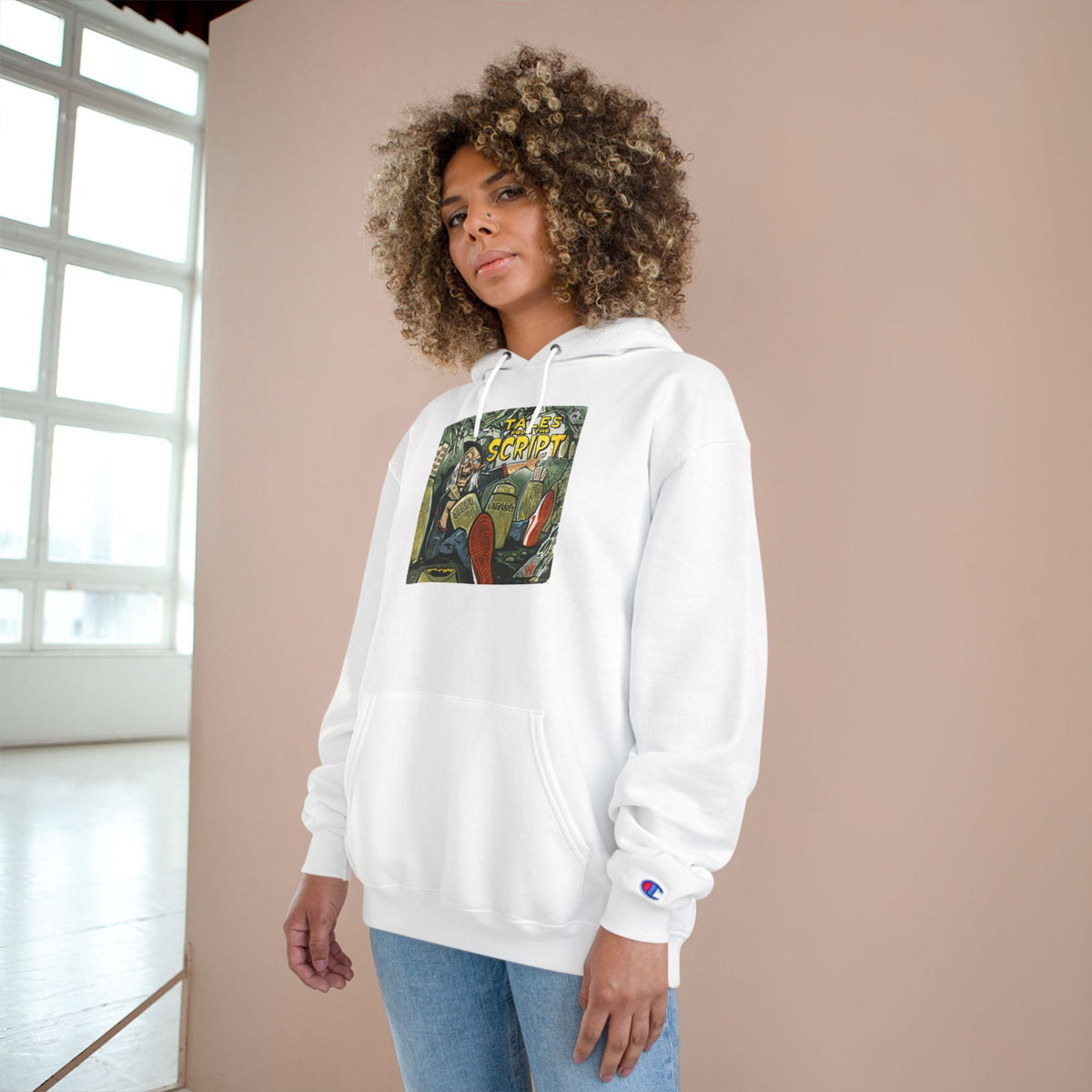 Champion Hoodie with Vintage 'Take Script' Graphic - Retro Art Pullover