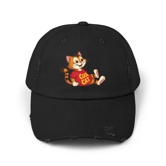 Cool Cat Distressed Cap, Unisex Trendy Hat, Fun Cat Lover Gift, Comfortable Casual Wear, Cat-Themed Accessories