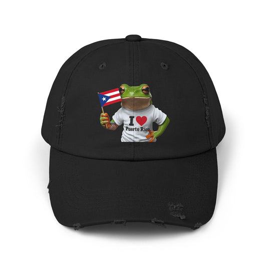 Puerto Rico Love Distressed Cap | Fun Frog Design | Unisex Adjustable Hat | Great for Summer, Festivals, Vacations, Gift Ideas