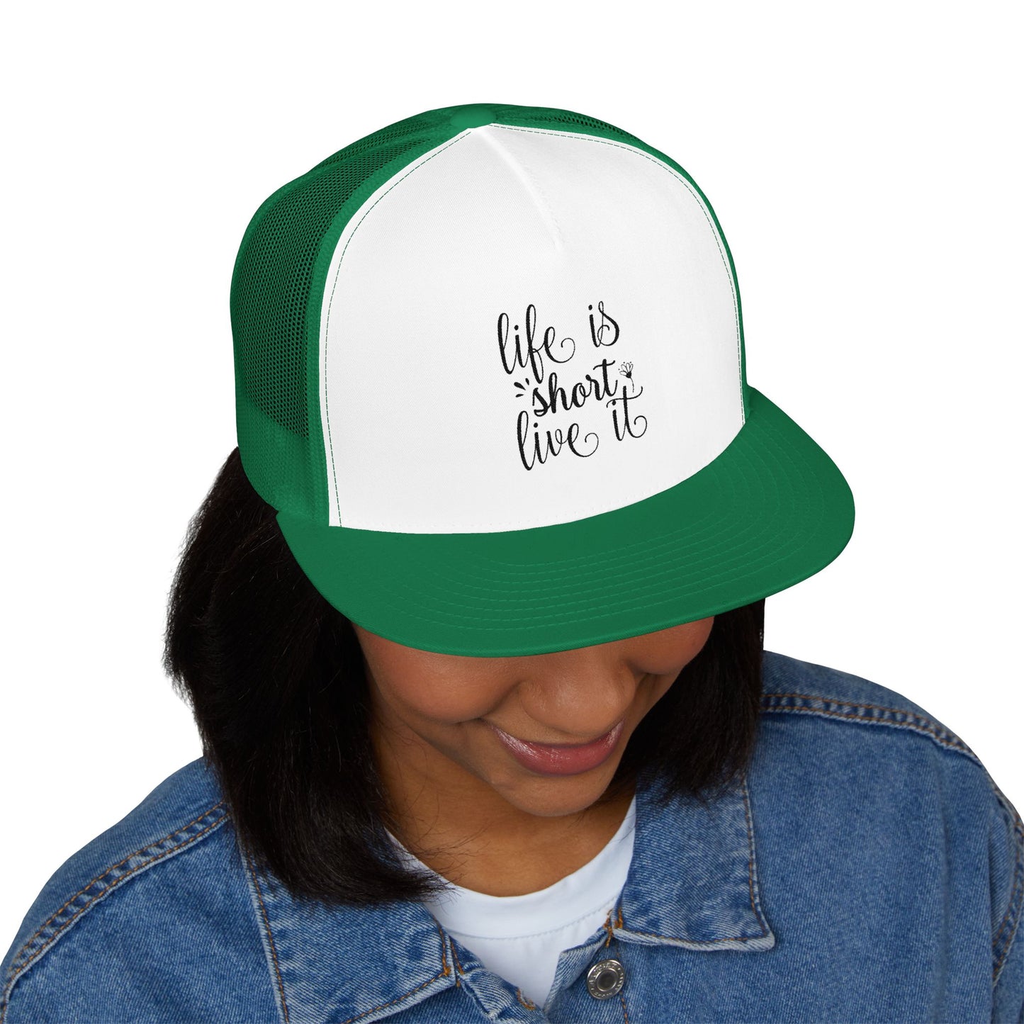 Inspirational 5 Panel Trucker Cap, Life is Short Live It Hat, Outdoor Cap, Adjustable Snapback, Gift for Friends, Summer Accessory