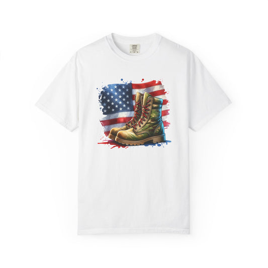 Patriotic Boot Print T-Shirt | Unisex Garment-Dyed Tee for Veterans, Casual Wear, Memorial Day, Independence Day, Gift for Outdoorsmen